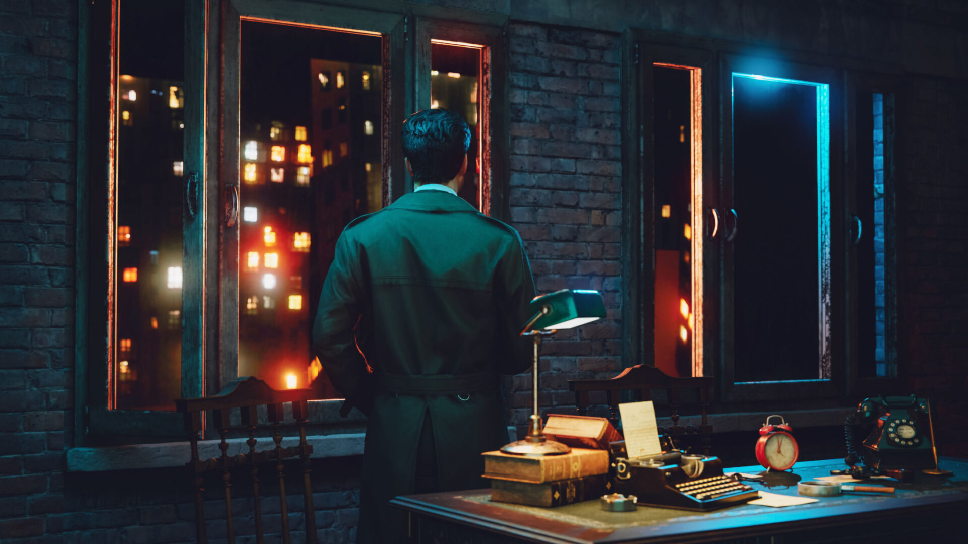 Man in a trench coat looking out a window at city lights.