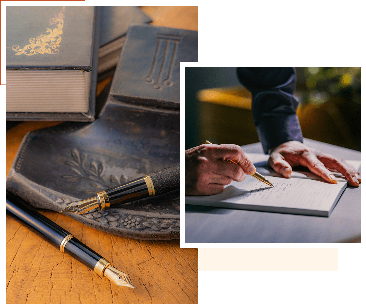 Old books and fountain pens on a wooden table.