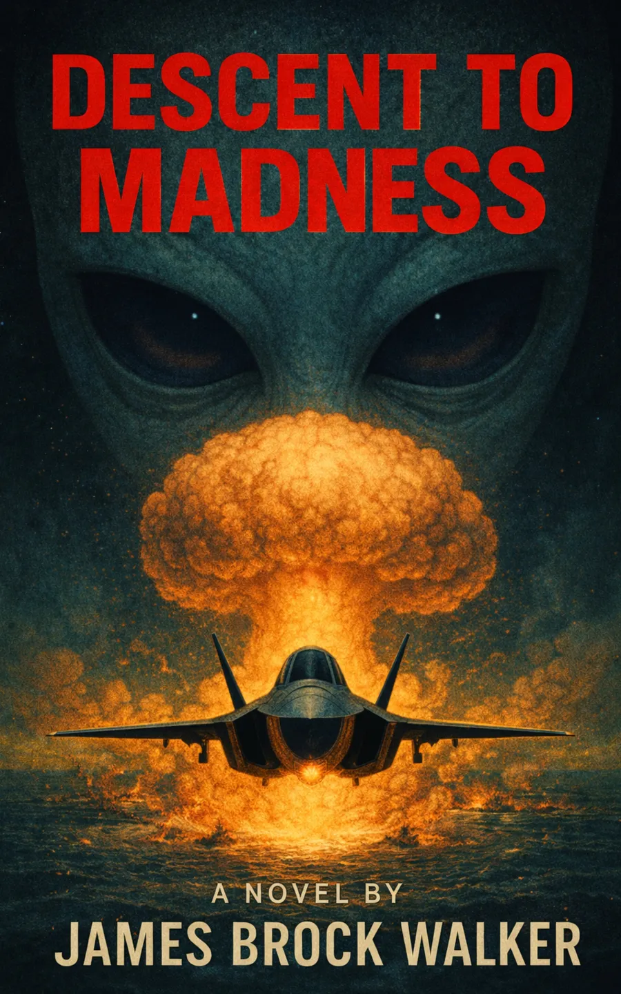 A dark, intense image of a fighter jet with a mushroom cloud explosion and the word 'MADNESS'.